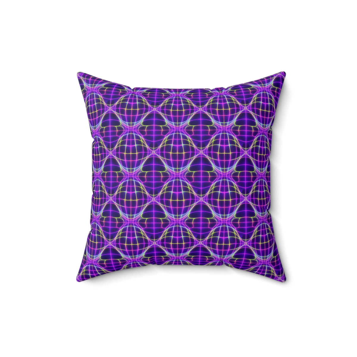 Neon Warp Grid Faux Suede Cushion – Op-Art Holographic-Look Pattern