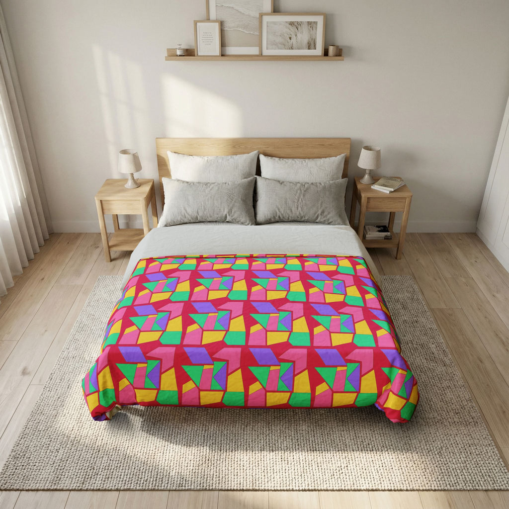 Cubist Block Quilt Cotton Duvet Cover – Candy Pop on Raspberry