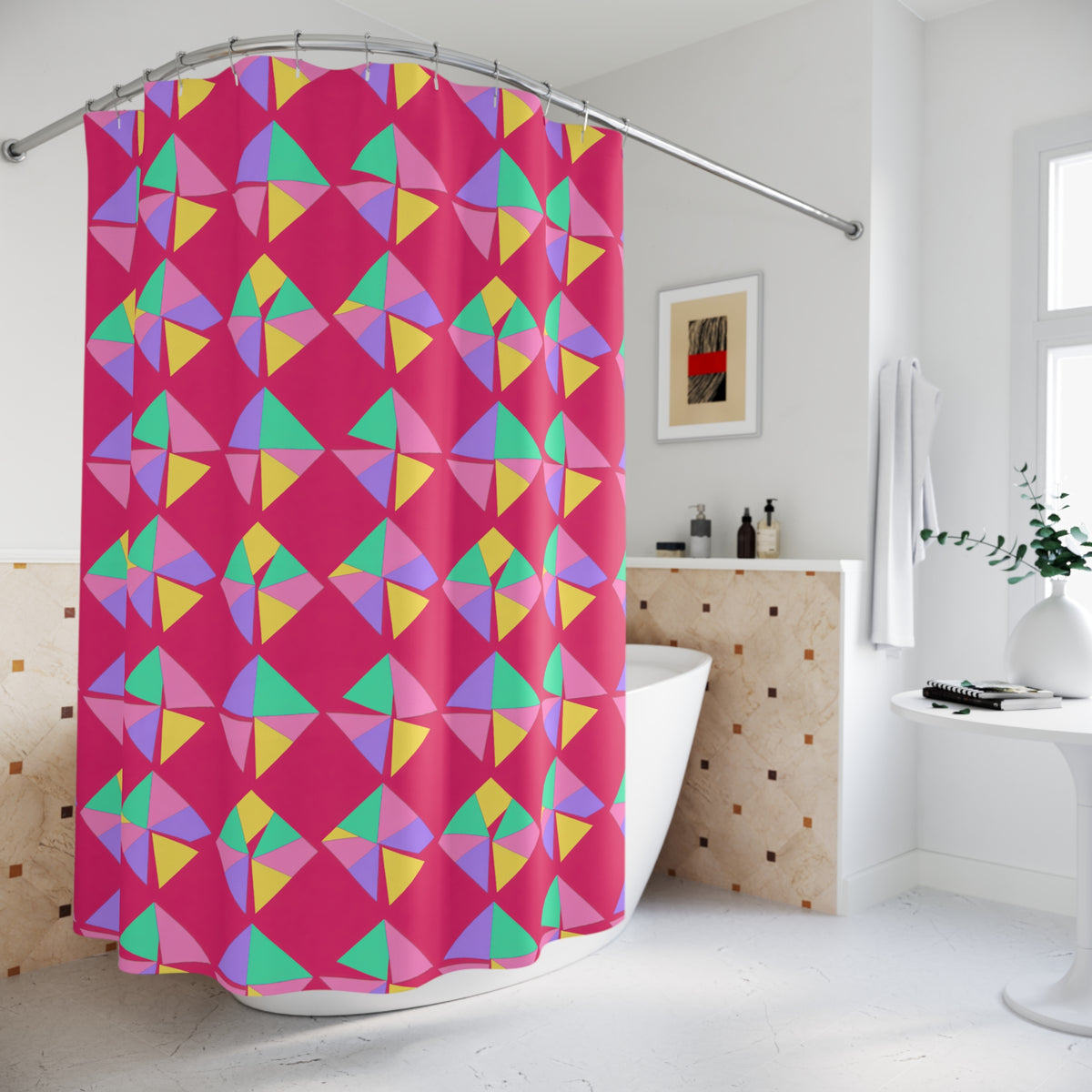 Stacked Cubist Prisms Shower Curtain – Candy Pop on Raspberry
