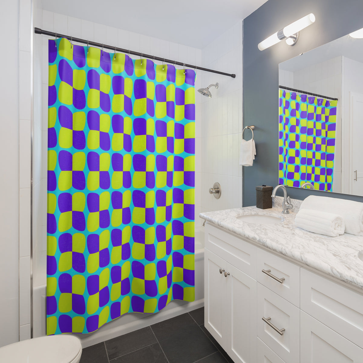 Bold Bulge Checker Shower Curtain – Op-Art Checker Pattern