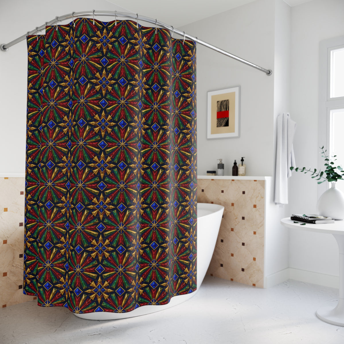 Radial Gem Burst Shower Curtain – Kaleidoscopic Pattern