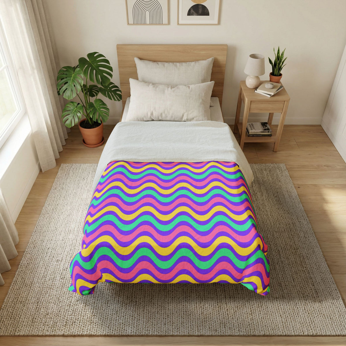 Wide Wave Interference Cotton Duvet Cover – Candy Pastel on Grape