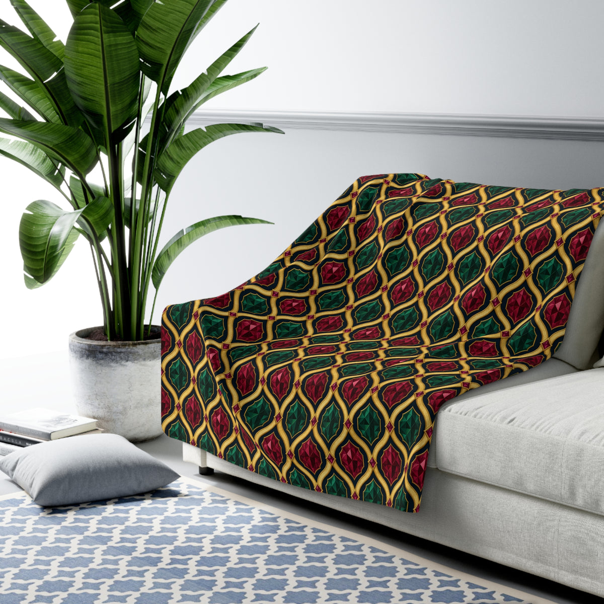 Radiant Gold Lattice Sherpa Fleece Blanket – Art Deco Pattern