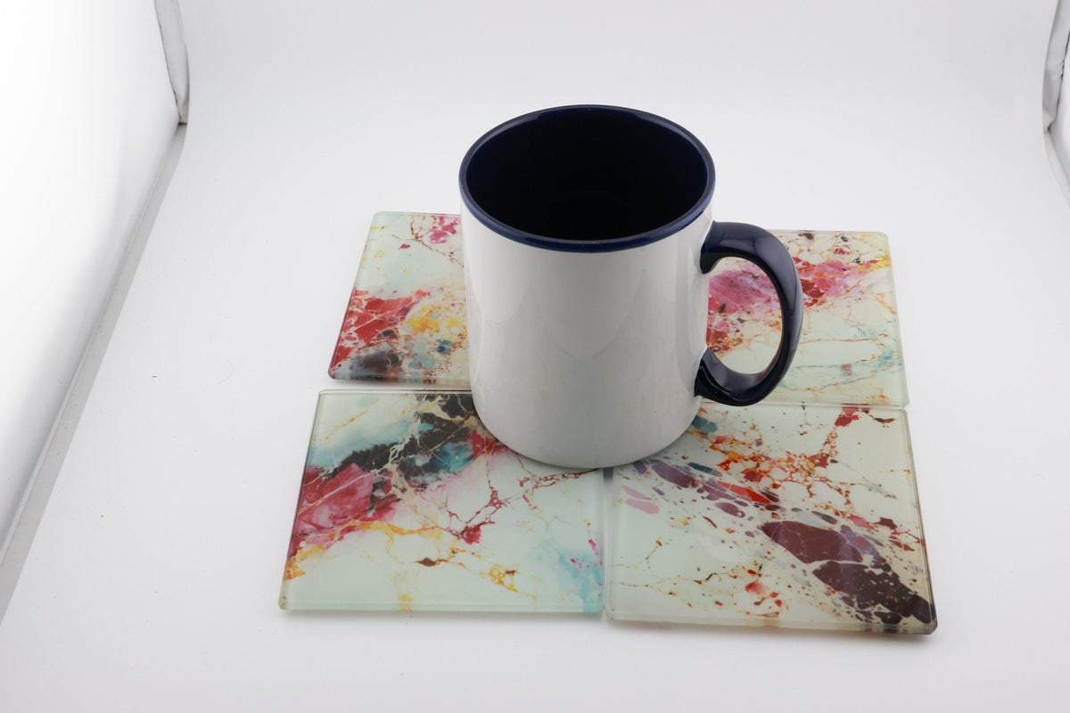 AI24018G Colorful Marble Glass Coaster, Abstract Agate Coaster, Modern Red Blue Gold Marble Decor, Rectangular Glass Drink Coaster Gift