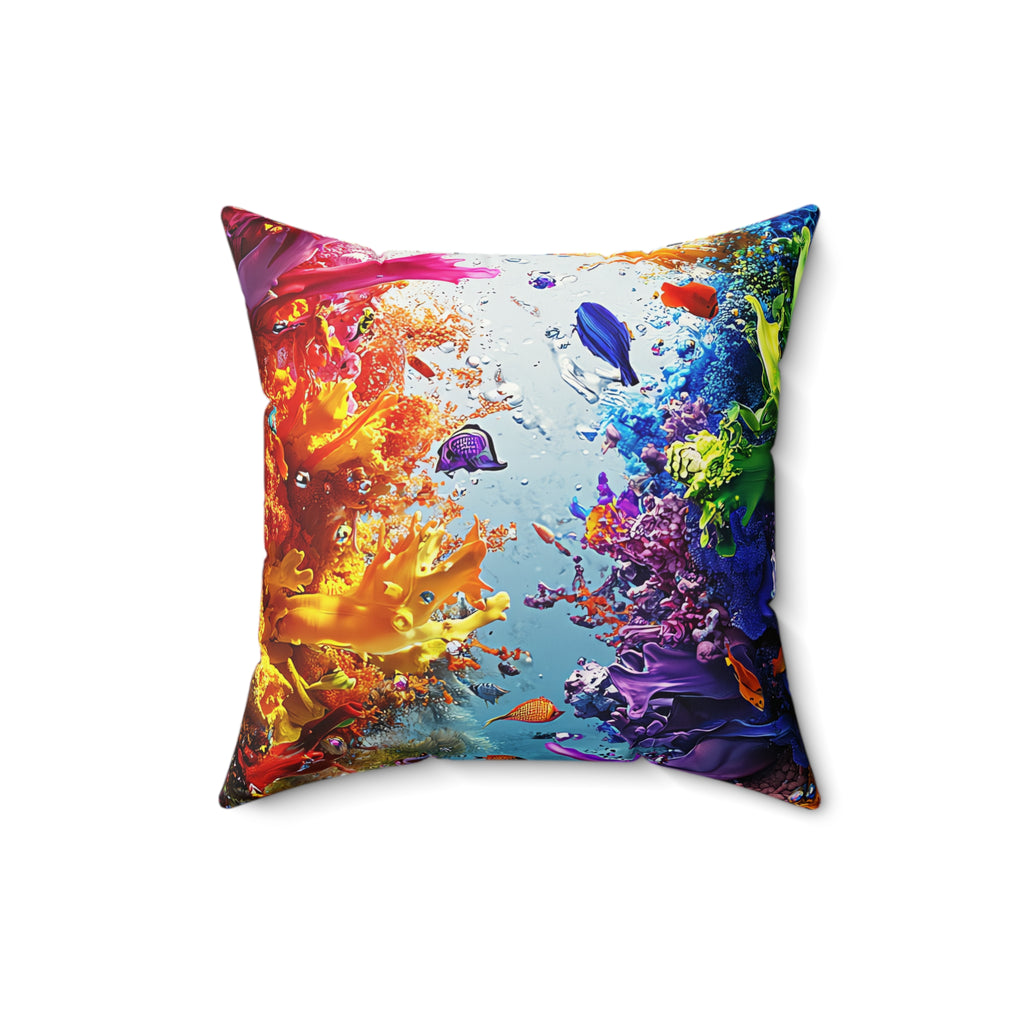 Rainbow Reef Bloom Faux Suede Cushion – Underwater Splash Art