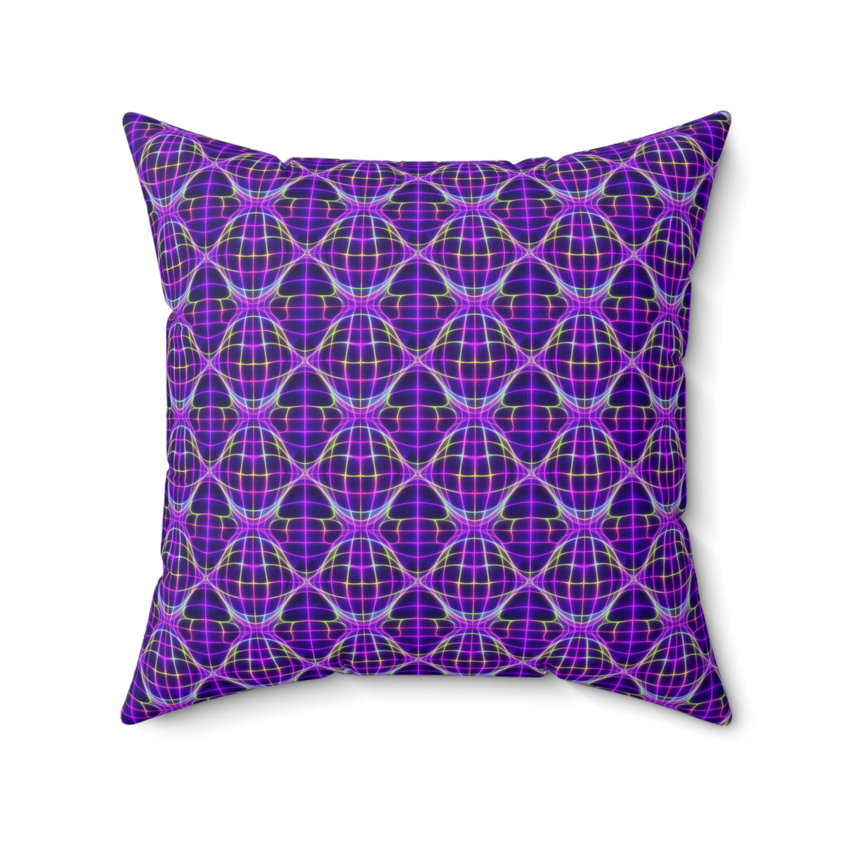 Neon Warp Grid Faux Suede Cushion – Op-Art Holographic-Look Pattern