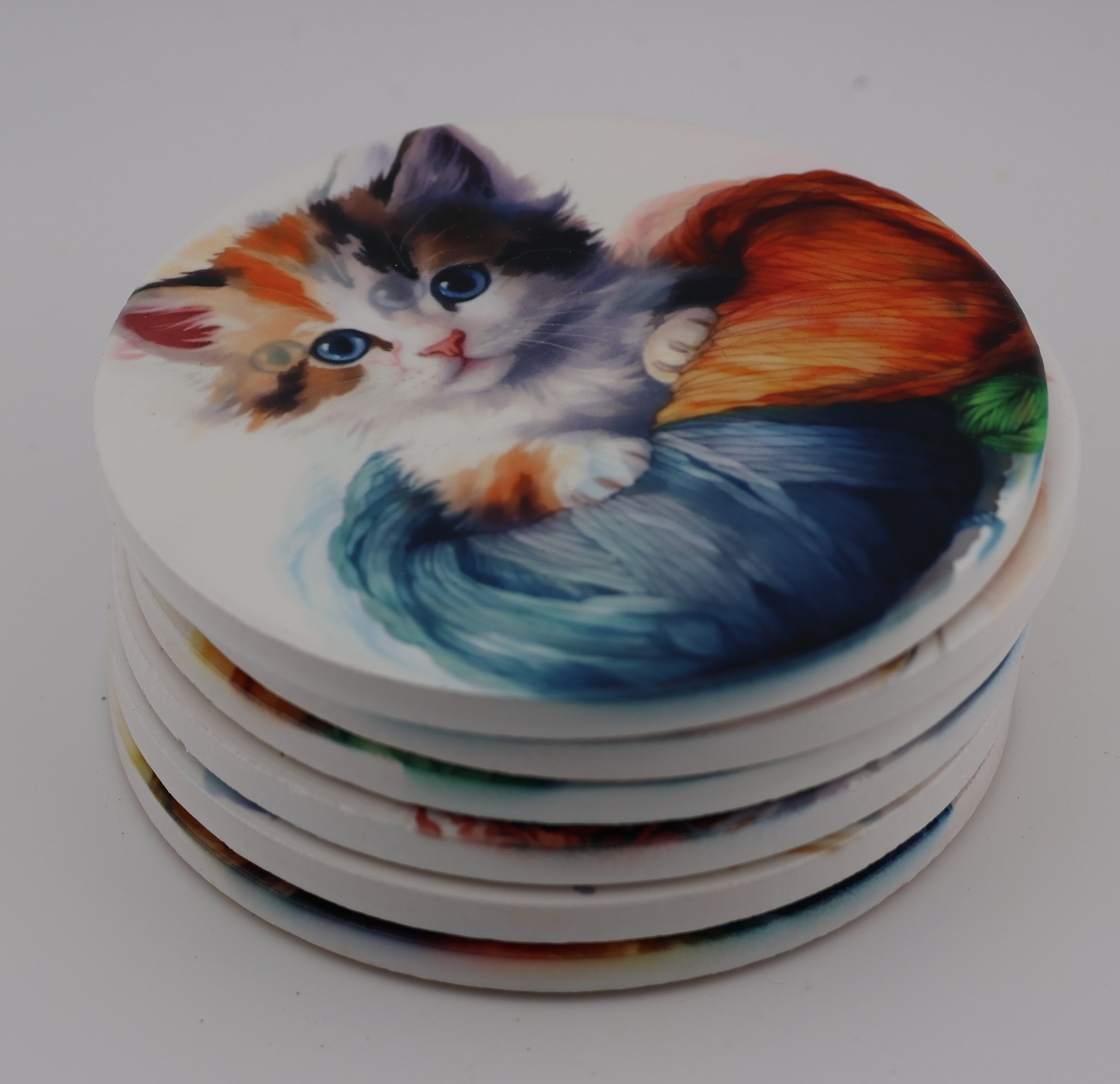 Cuddly kitten Printed Watercolour effect Round Ceramic Coasters-  Set of 6, colourful, gift for all occasions, six unique designs.