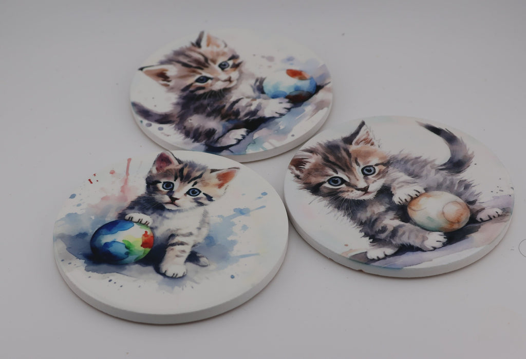 Cuddly kitten Printed Watercolour effect Round Ceramic Coasters-  Set of 6, colourful, gift for all occasions, six unique designs.
