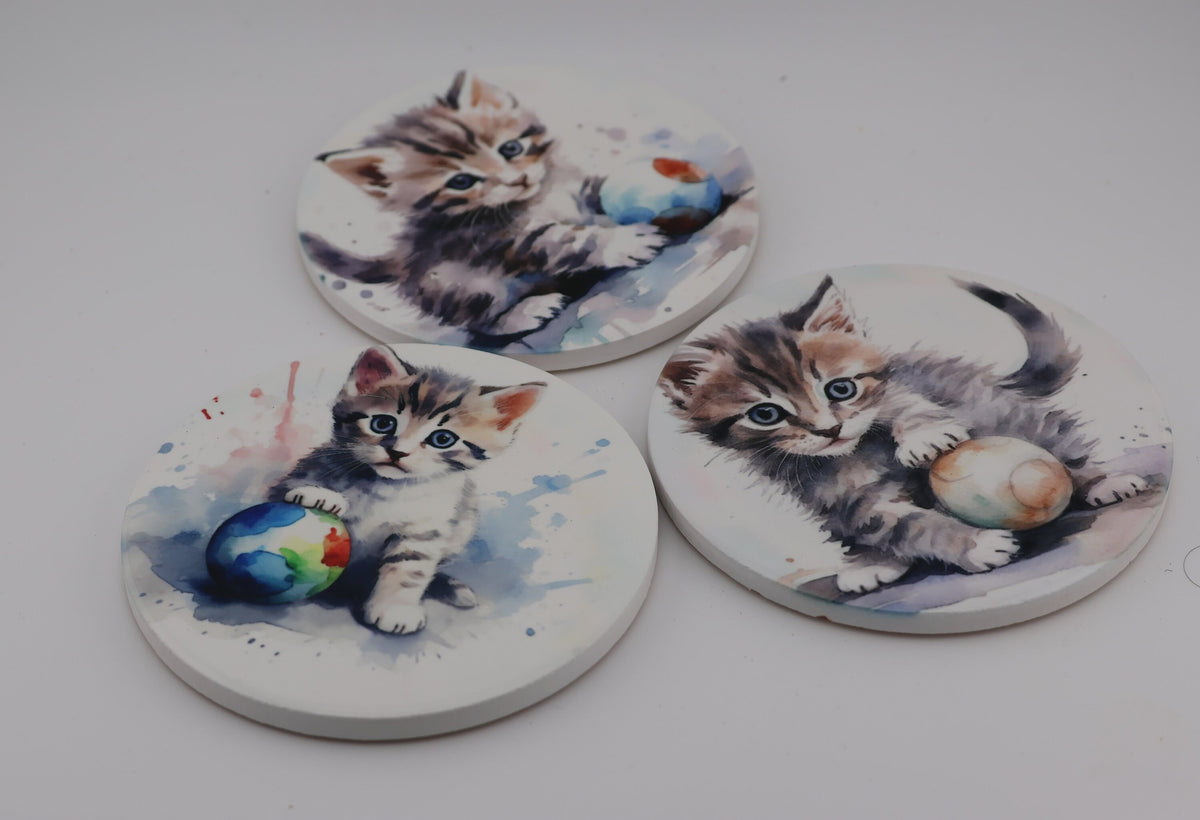 Cuddly kitten Printed Watercolour effect Round Ceramic Coasters-  Set of 6, colourful, gift for all occasions, six unique designs.