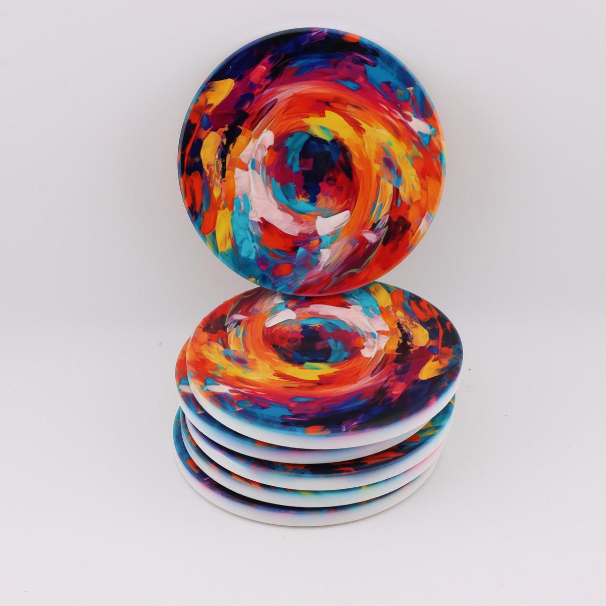 AI24048C Abstract Vortex No9   Multi coloured Round Ceramic Coasters- Set of 6, gift for all occasions, Designed and made in Britain