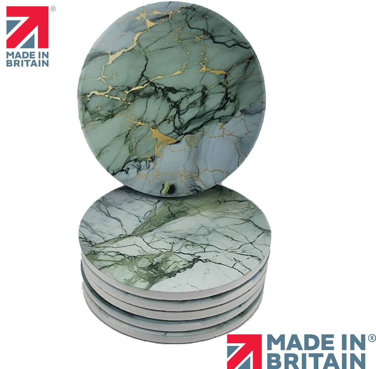 AI24026C Green Marble Effect Round Ceramic Coasters-  Set of 6, colourful, gift for all occasions, six unique designs.