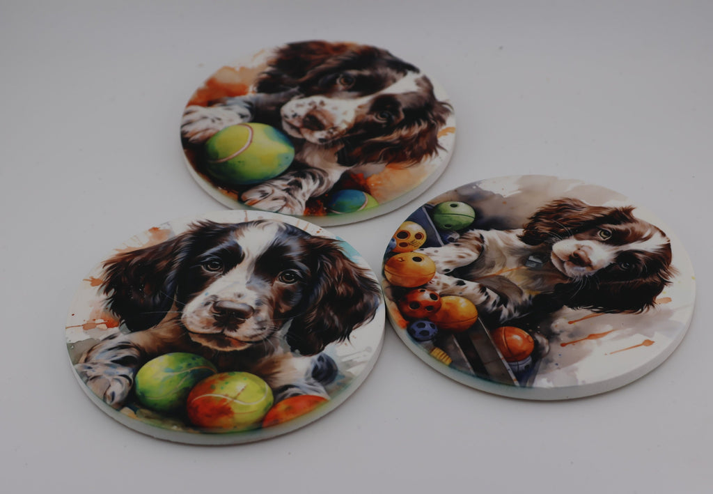 Springer Spaniel Puppy Printed Watercolour effect Round Ceramic Coasters-  Set of 6, colourful, gift for all occasions, six unique designs.
