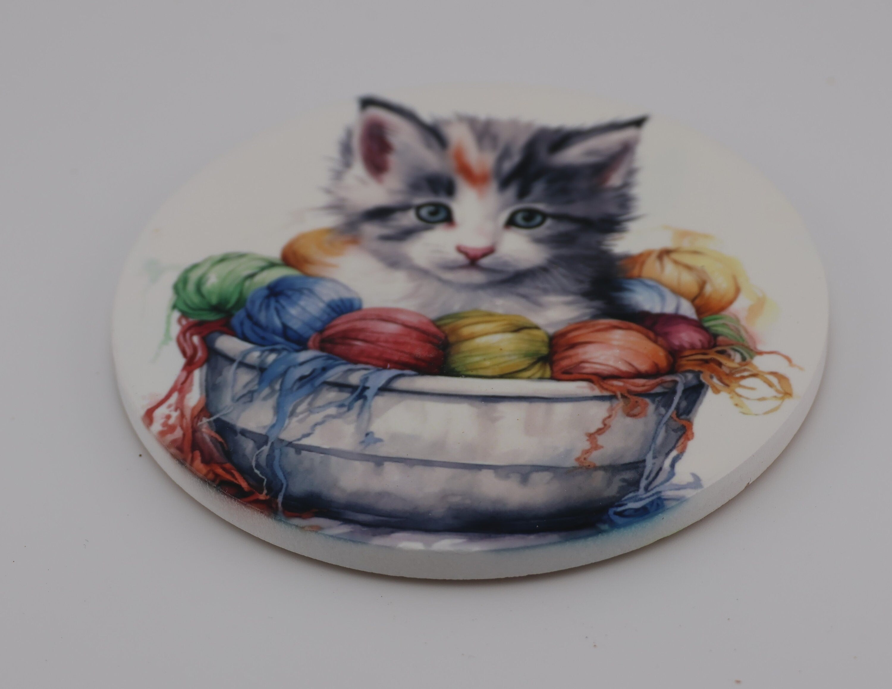 Cuddly kitten Printed Watercolour effect Round Ceramic Coasters-  Set of 6, colourful, gift for all occasions, six unique designs.