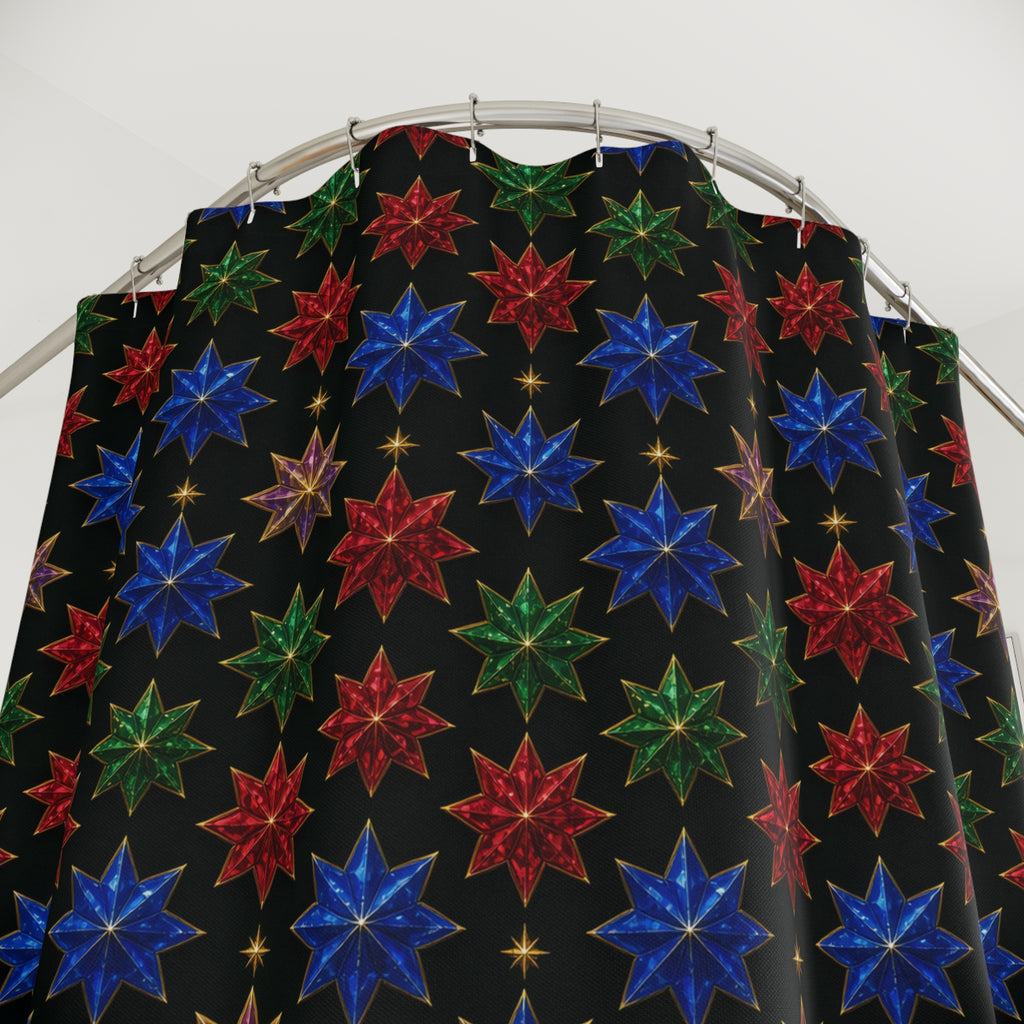 Faceted Crystal Stars Shower Curtain – Holographic-Look Kaleidoscope Pattern