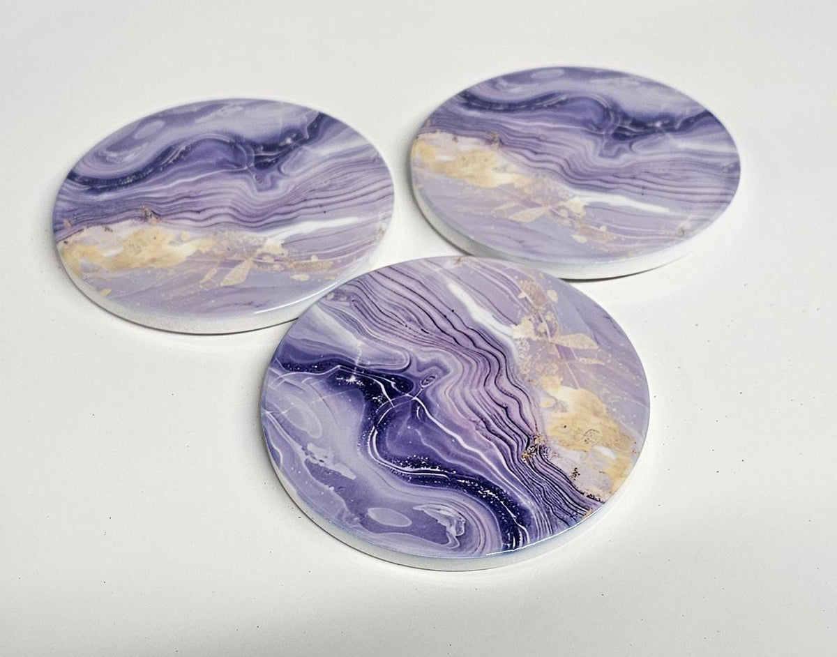 AI24066C Lilac Violet & Gold Marble effect -  Round Ceramic Coasters- Set of 6, gift for all occasions, Designed and made in Britain