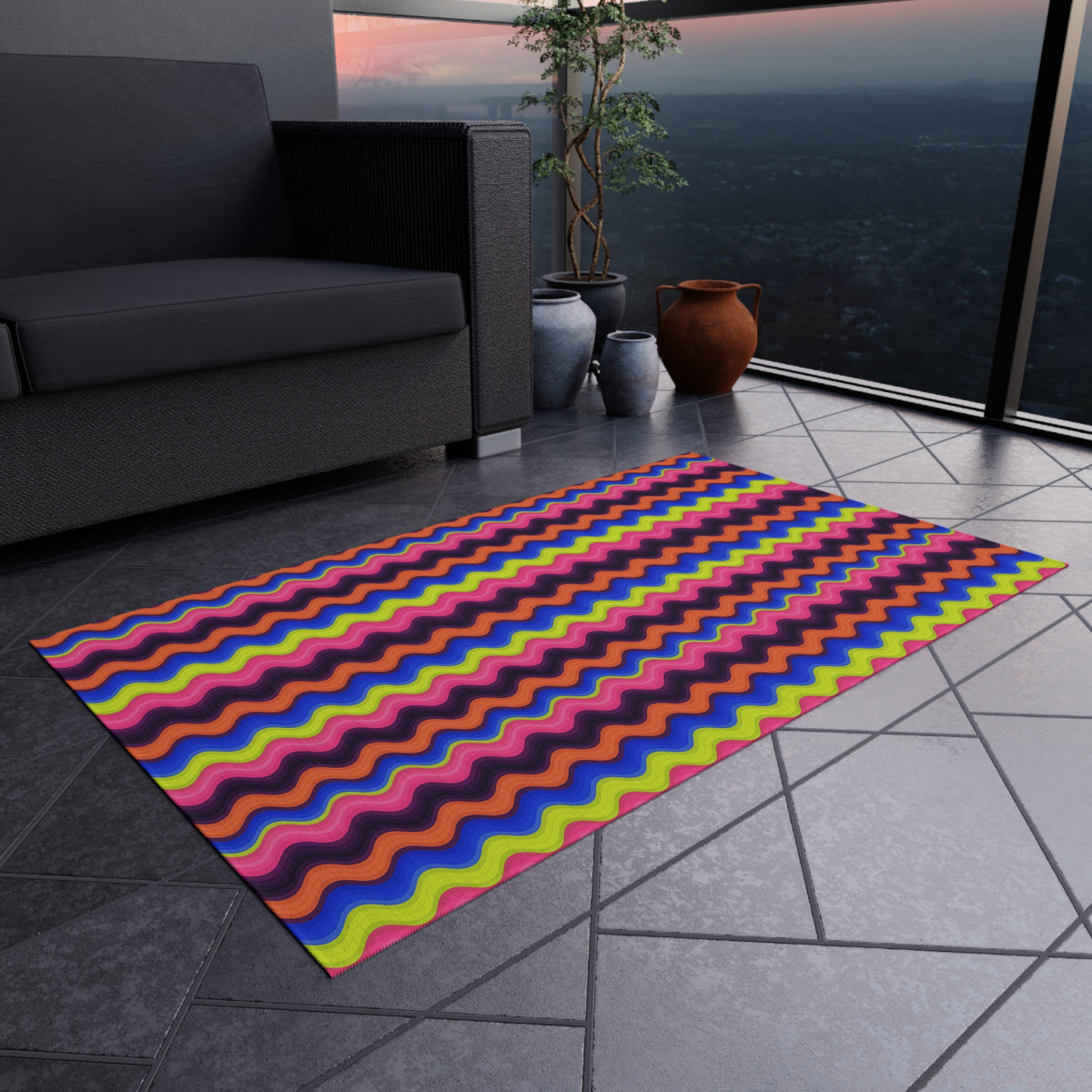 Bold Wave Stripes Outdoor Rug – Op-Art Pattern