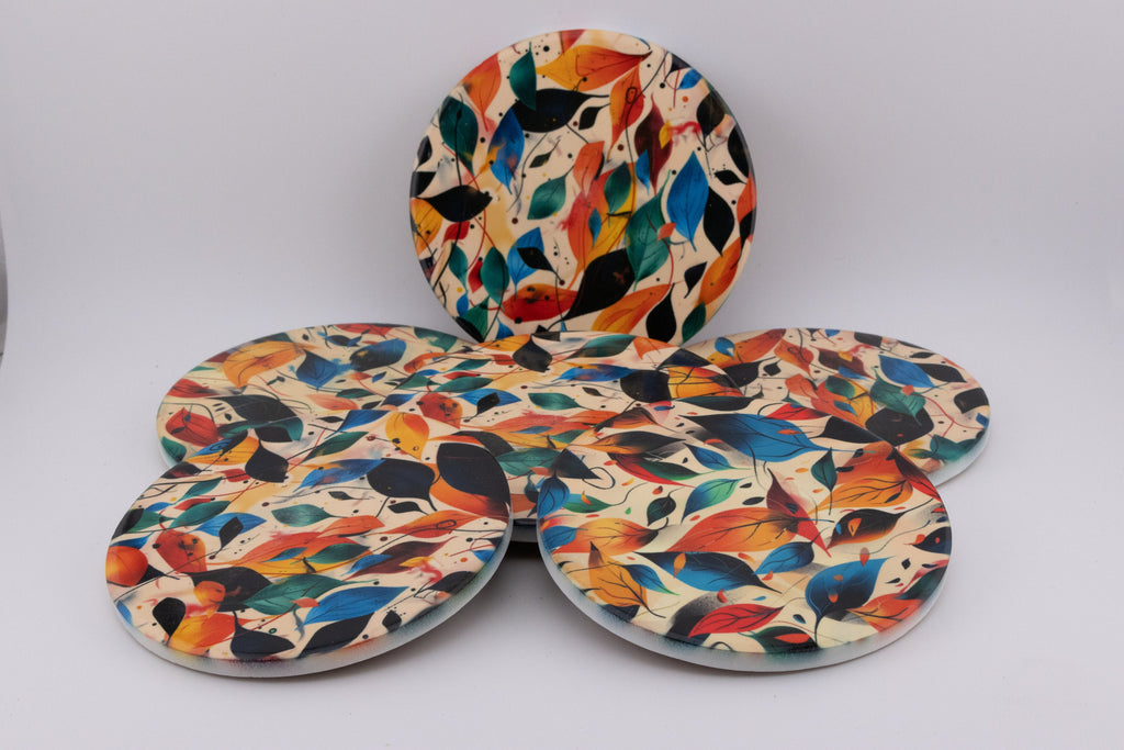 AI24025C Autumn Leaves Round Glass Coaster, Colorful Botanical Coaster, Modern Foliage Print Home Decor, Fall Leaf Pattern Drink Coaster
