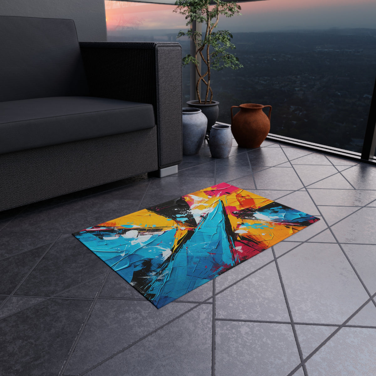 Shattered Blue Burst Outdoor Rug – Bold Abstract Art