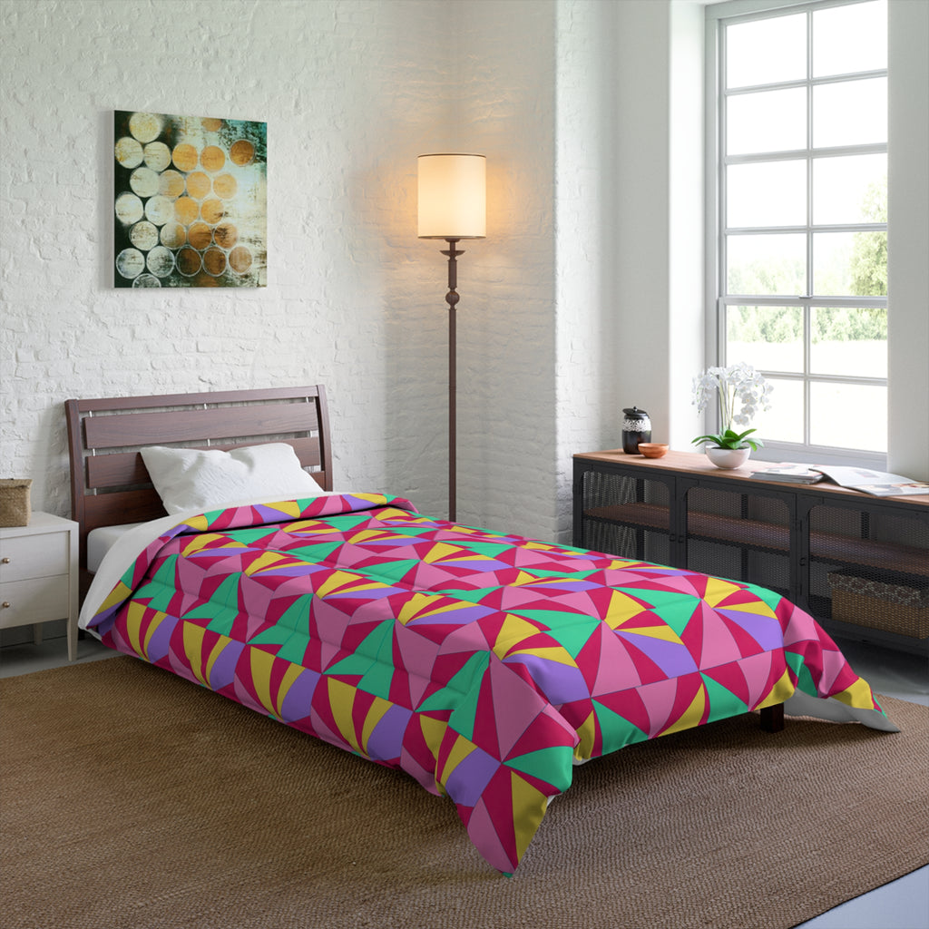 Cubist Sunburst Blocks Comforter – Candy Pop on Raspberry