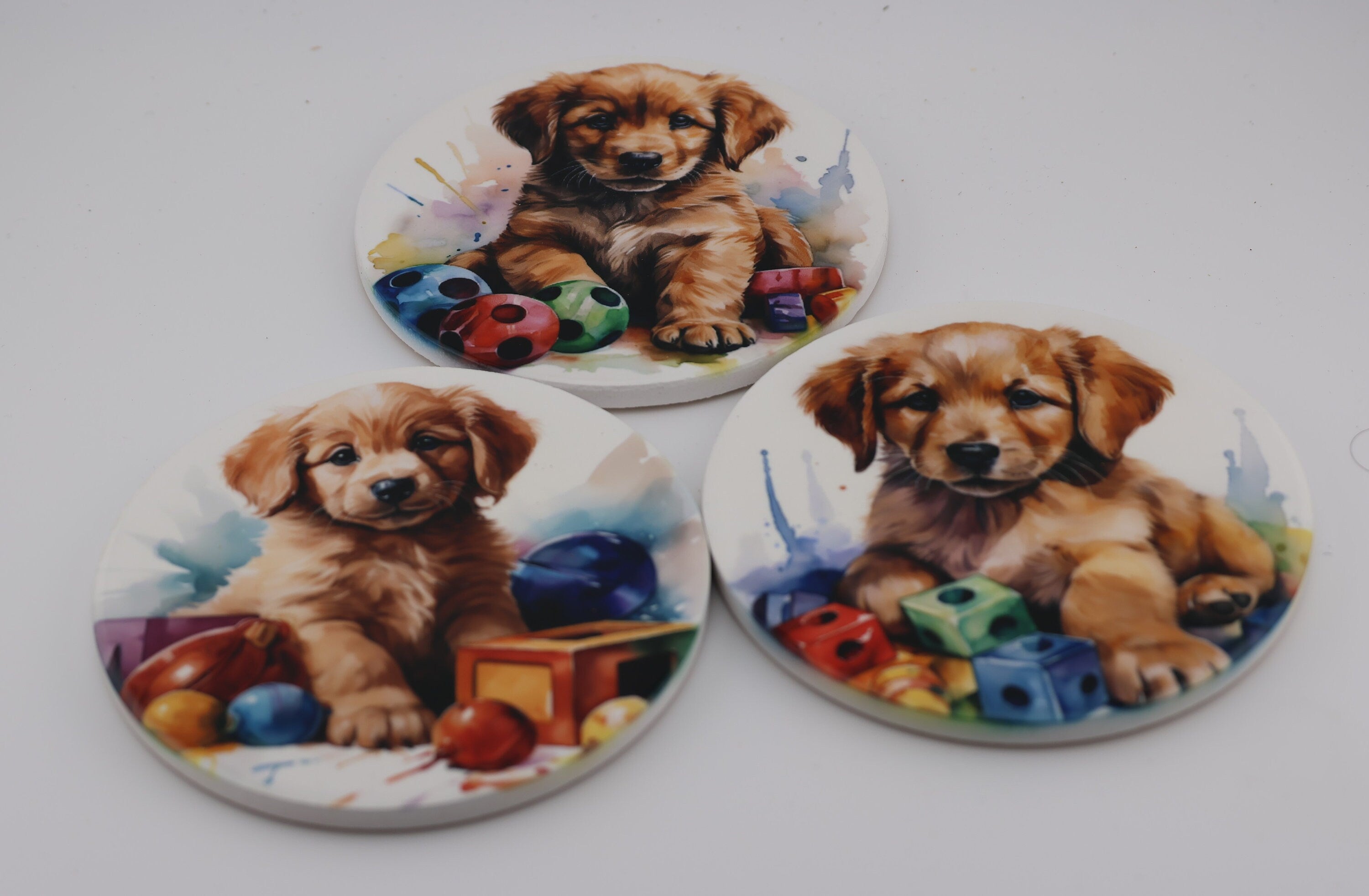 AI24023C Golden Retriever  Puppy Printed Watercolour effect Round Ceramic Coasters-  Set of 6, colourful, gift for all occasions