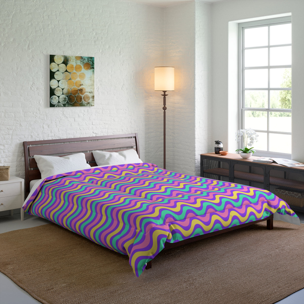 Wide Wave Interference Comforter – Candy Pastel on Grape