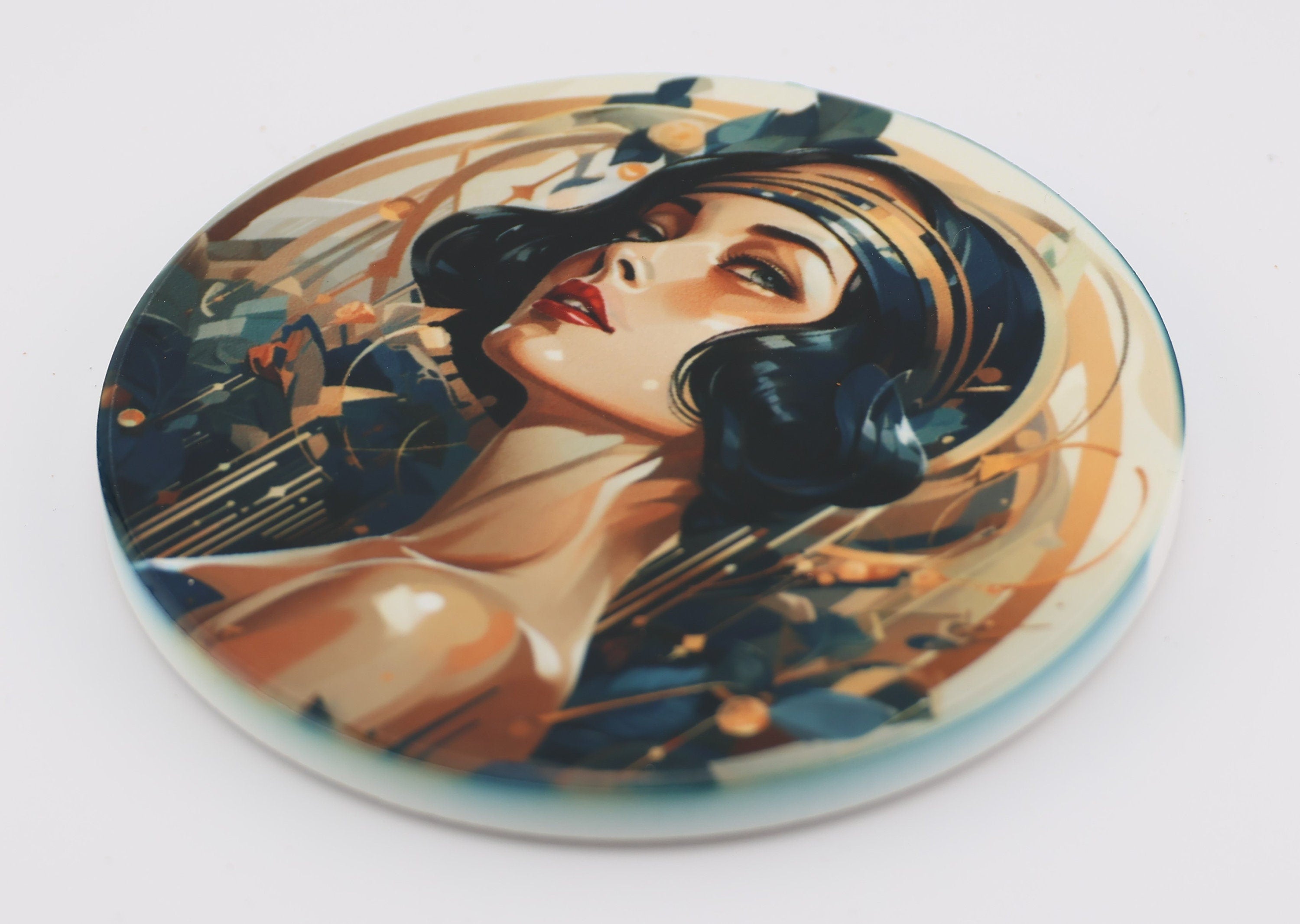 AI24008c. Art Deco Effect Round Ceramic Coasters-  - Set of 6, colourful, gift for all occasions, six unique designs.