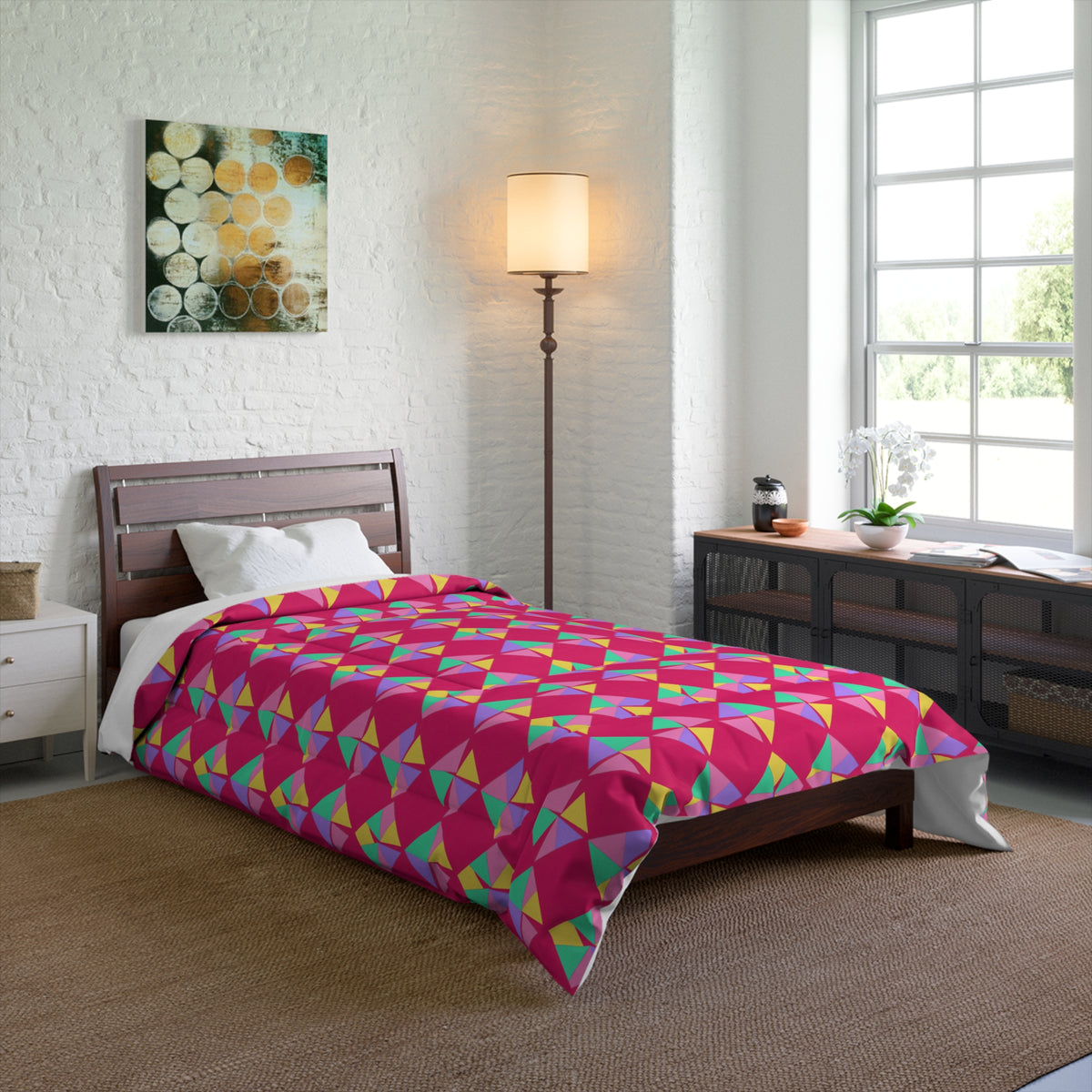 Stacked Cubist Prisms Comforter – Candy Pop on Raspberry