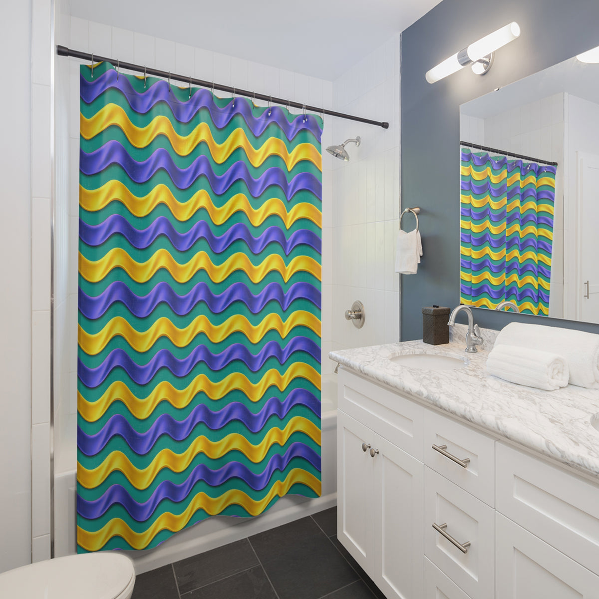 Satin Wave Bands Shower Curtain – Peacock Jewel