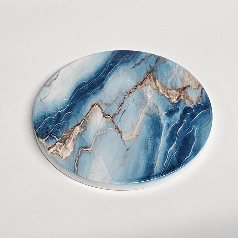 AI24061C Cyan, Blue & Gold Marble effect -  Round Ceramic Coasters- Set of 6, gift for all occasions, Designed and made in Britain