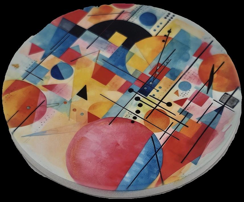 A striking ceramic coaster a colourful abstract geometric design with circles, triangles, squares, adds a bold creative touch to any table.