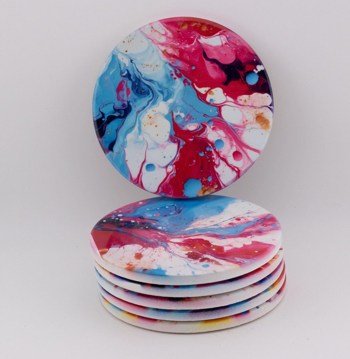 AI24030C Acrylic Oil Splash art Effect Round Ceramic Coasters-Set of 6, colourful, gift for all occasions, six unique designs.