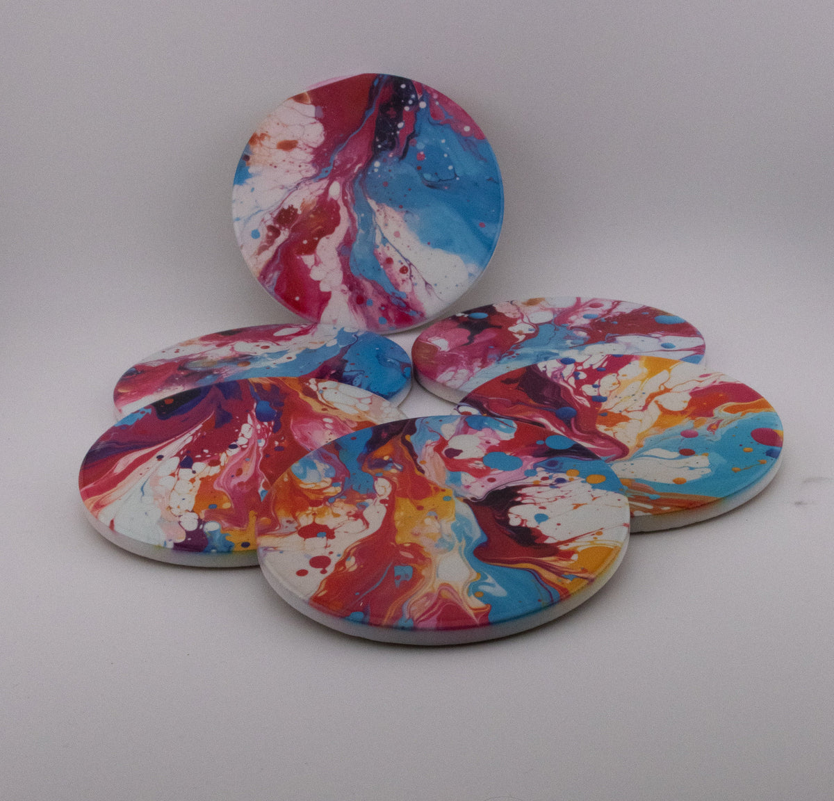 AI24030C Acrylic Oil Splash art Effect Round Ceramic Coasters-Set of 6, colourful, gift for all occasions, six unique designs.
