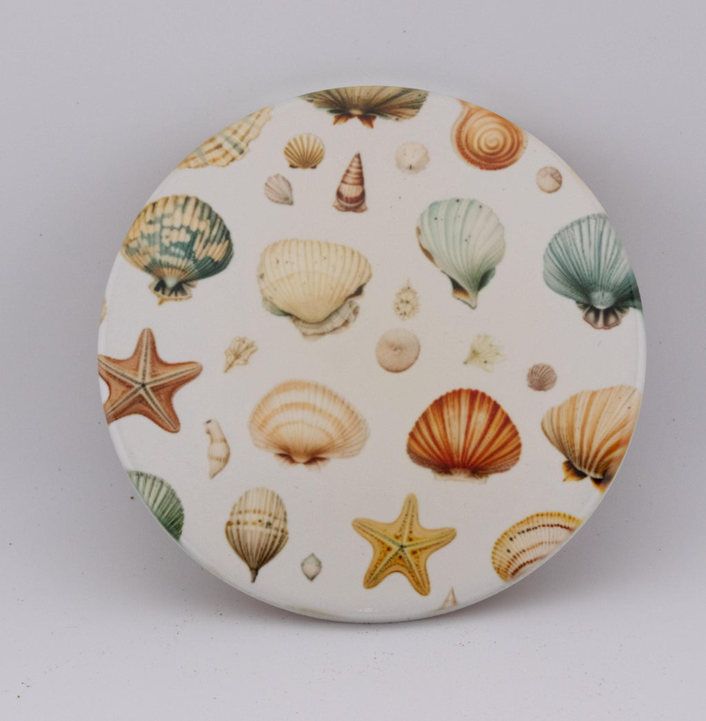 AI24041C  Beachlife Shell collection  Round Ceramic Coasters- Set of 6, colourful, gift for all occasions, six unique designs.