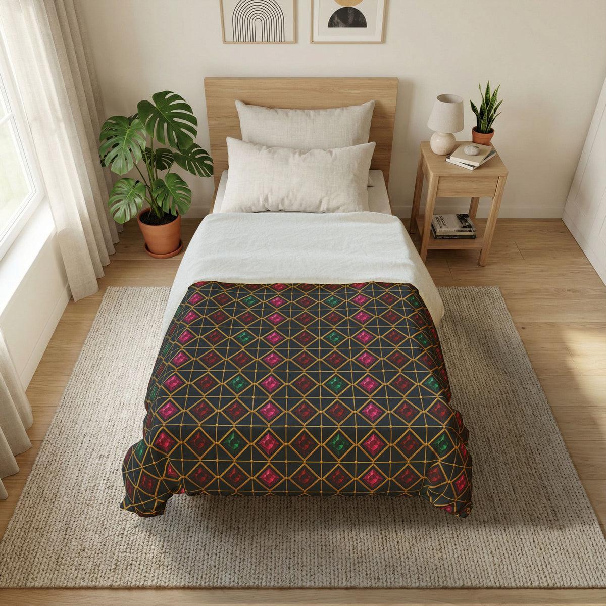 Gold Diamond Trellis Cotton Duvet Cover – Art Deco Pattern