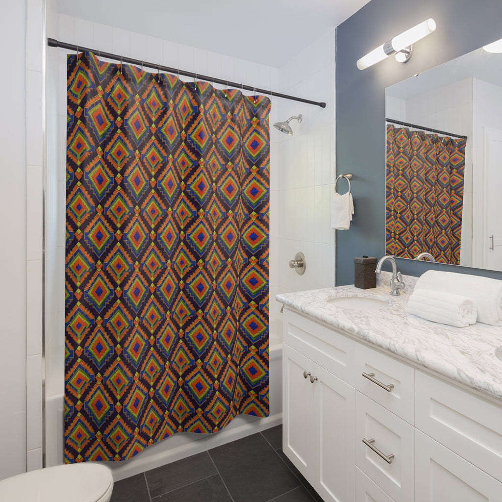 Stepped Diamond Ikat Shower Curtain – Art Deco Geometric Pattern