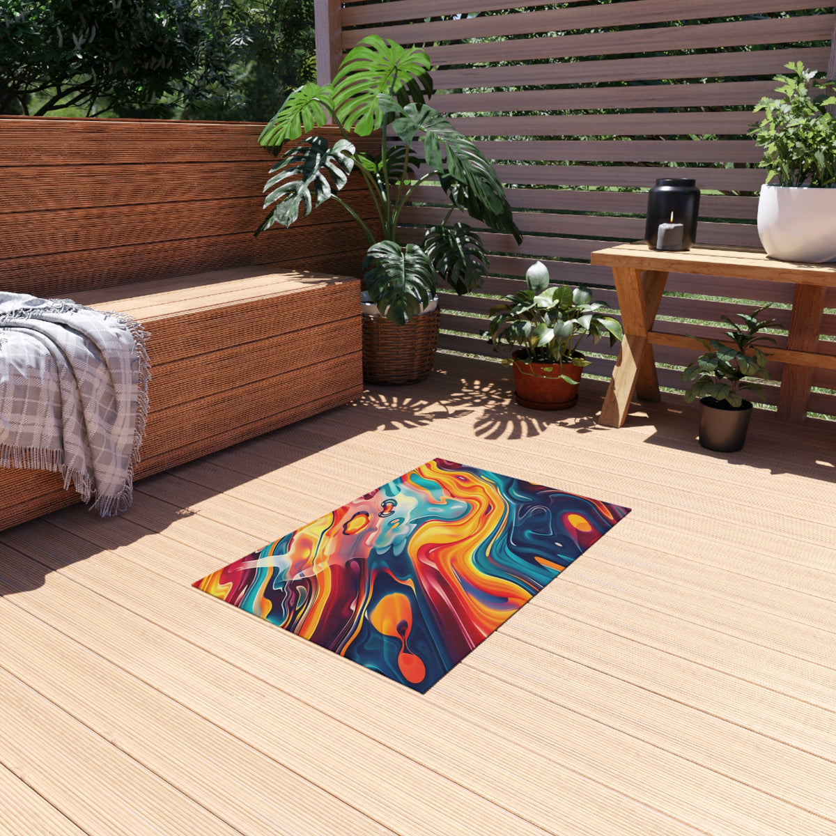 Liquid Rainbow Swirl Outdoor Rug – Psychedelic Fluid Art