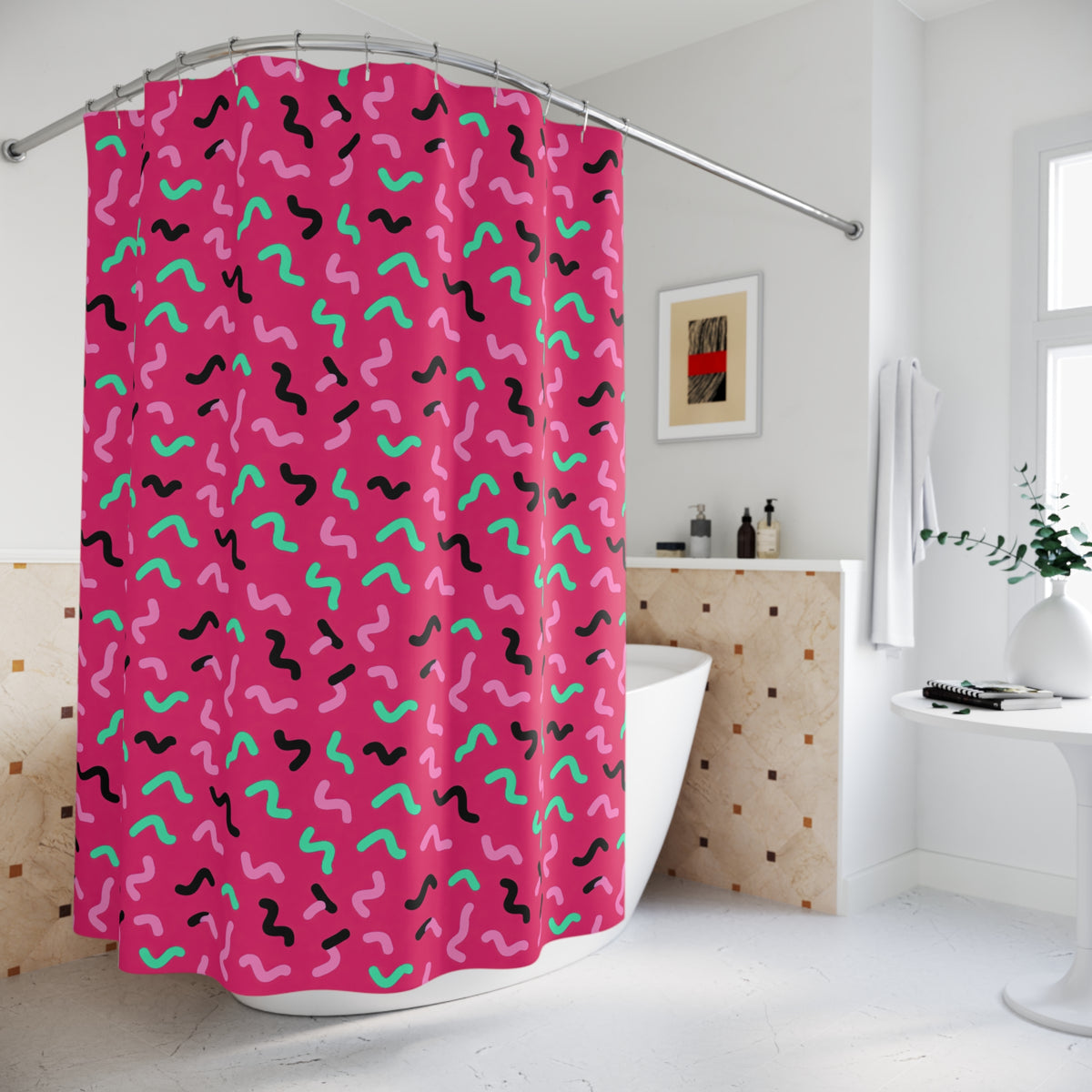 Squiggle Strokes Shower Curtain – Candy Pop on Raspberry
