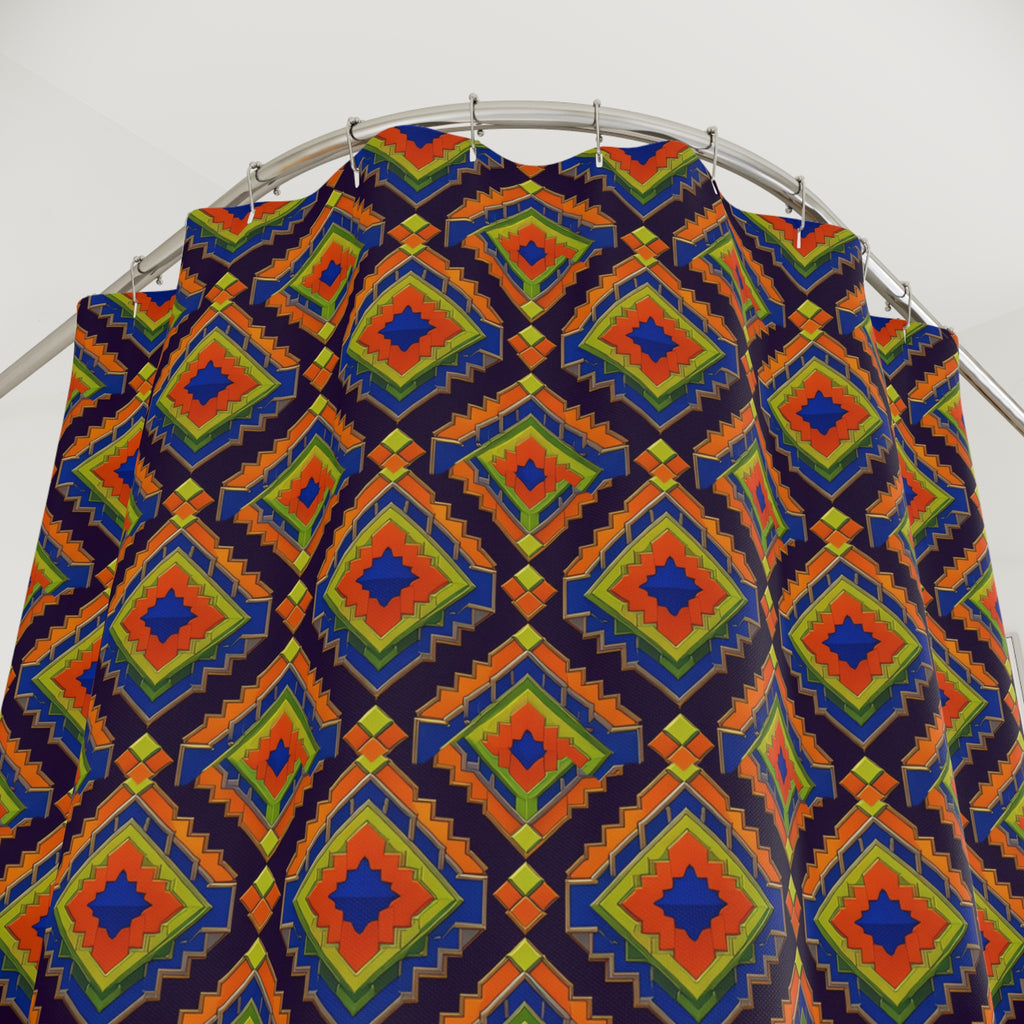 Stepped Diamond Ikat Shower Curtain – Art Deco Geometric Pattern