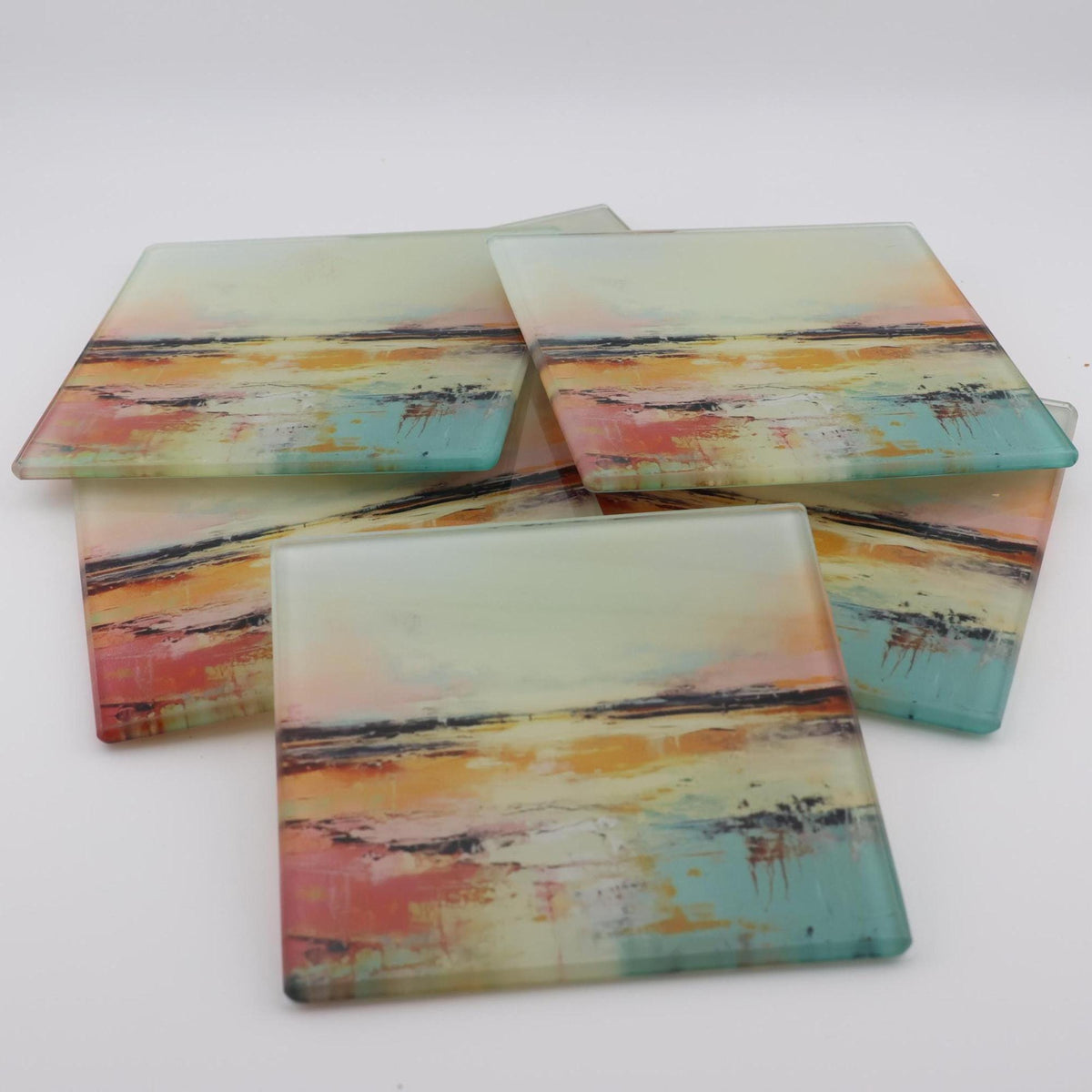 AI24079G Water colour Abstract minimalist Lanscape Scene  Square Glass Coasters- Set of 6, colourful, gift for all occasions.