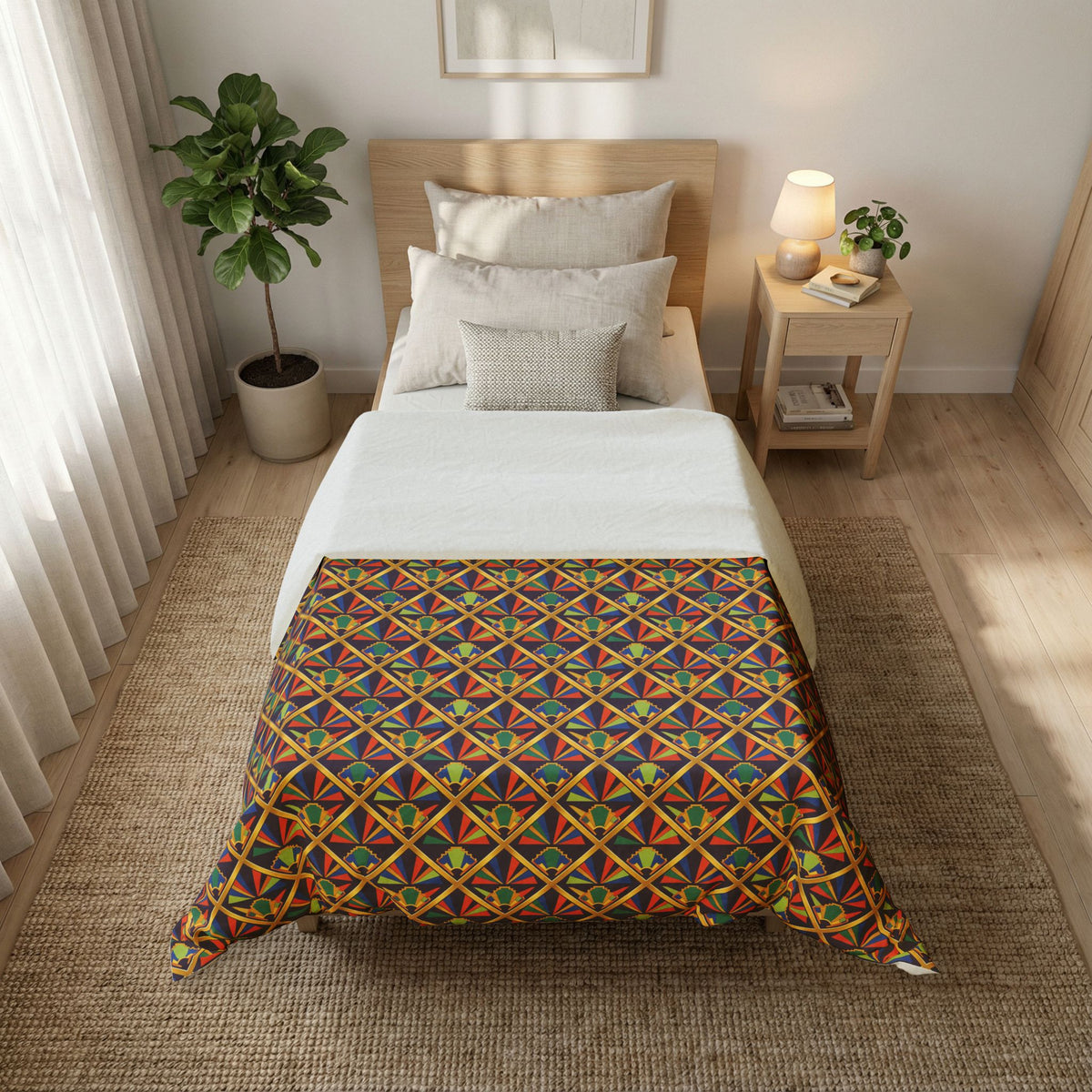 Gilded Lattice Sunburst Cotton Duvet Cover – Art Deco Geometric Pattern