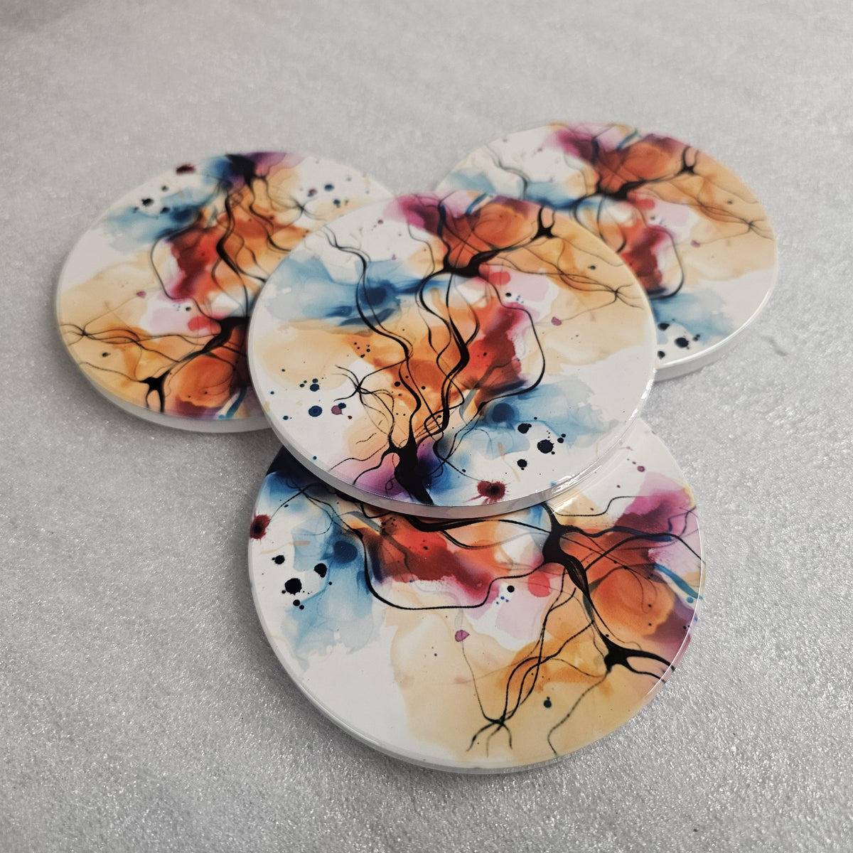 AI24058C Watercolour  Design No3 - Multi coloured Round Ceramic Coasters- Set of 6, gift for all occasions, Designed and made in Britain