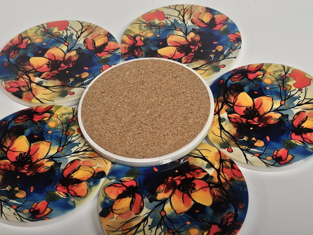 AI24053C Watercolour WildFlower Meadow -  Round Ceramic Coasters- Set of 6, gift for all occasions, Designed and made in Britain