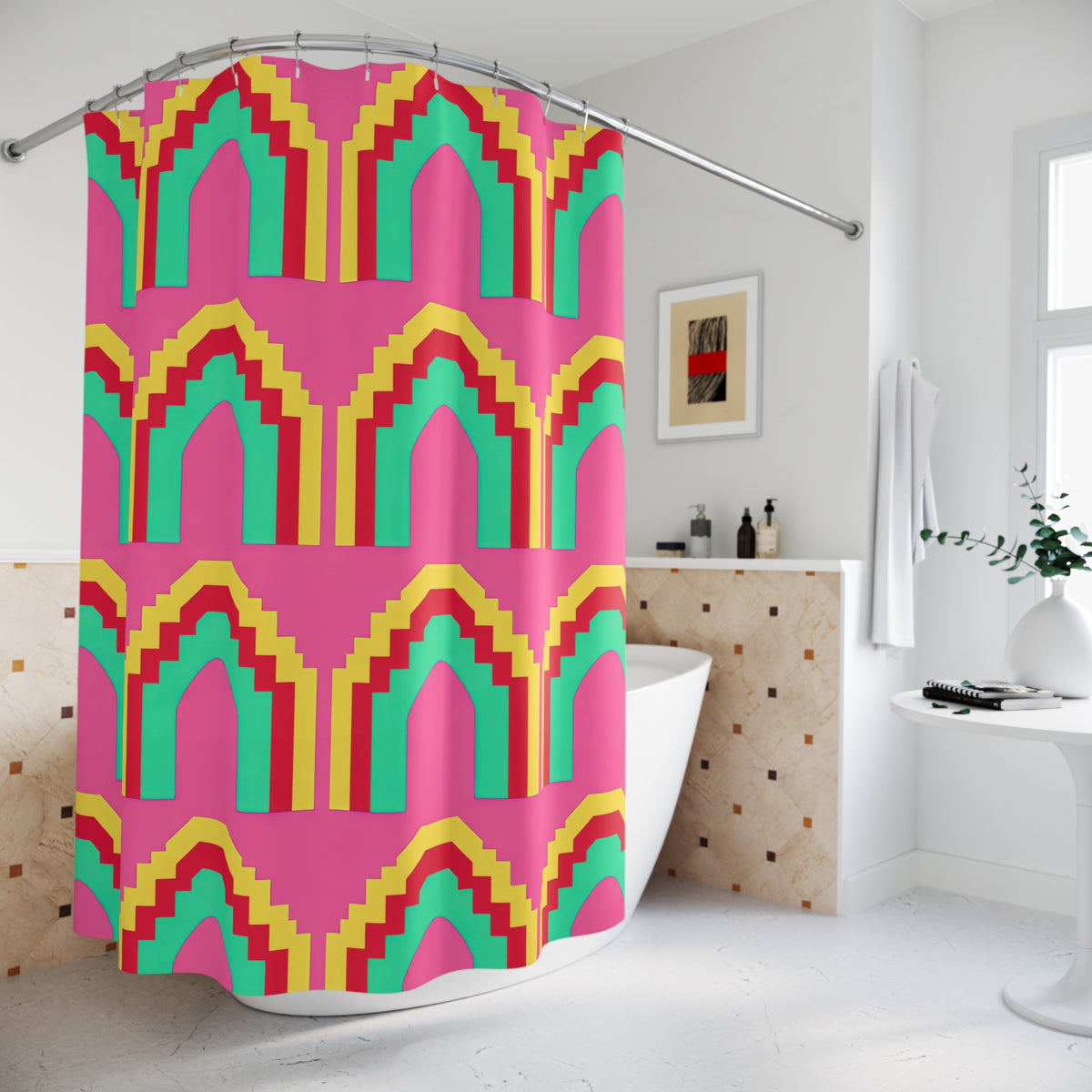 Grand Stepped Arches Shower Curtain – Candy Christmas