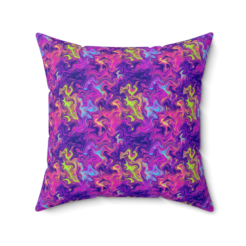 Neon Acrylic Pour Faux Suede Cushion – Psychedelic Marbling Pattern
