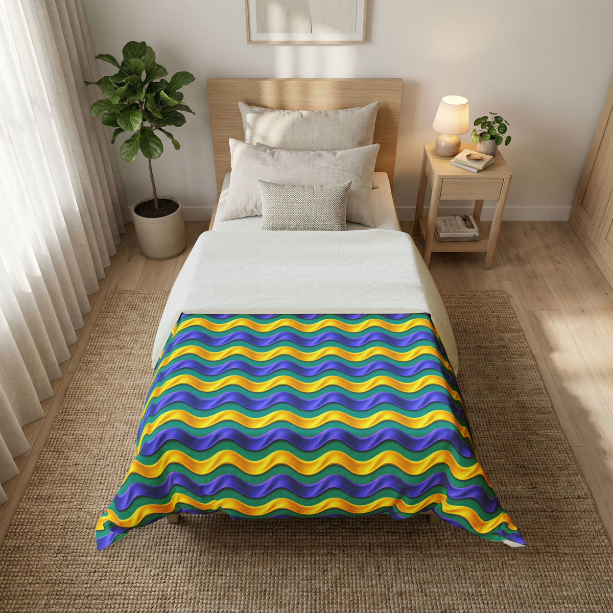 Satin Wave Bands Cotton Duvet Cover – Peacock Jewel