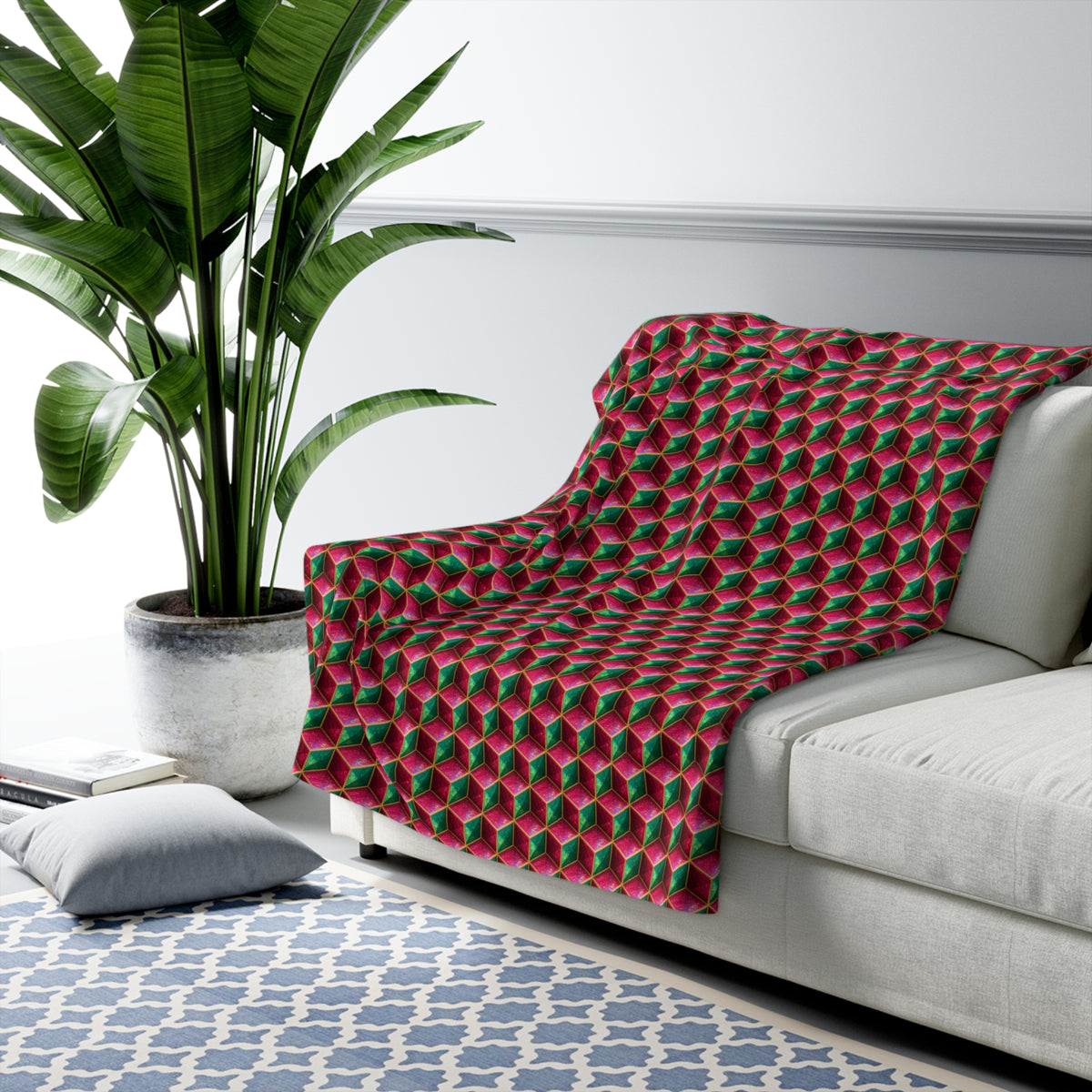Faceted Cube Illusion Sherpa Fleece Blanket – Holographic-Look Geometric Pattern