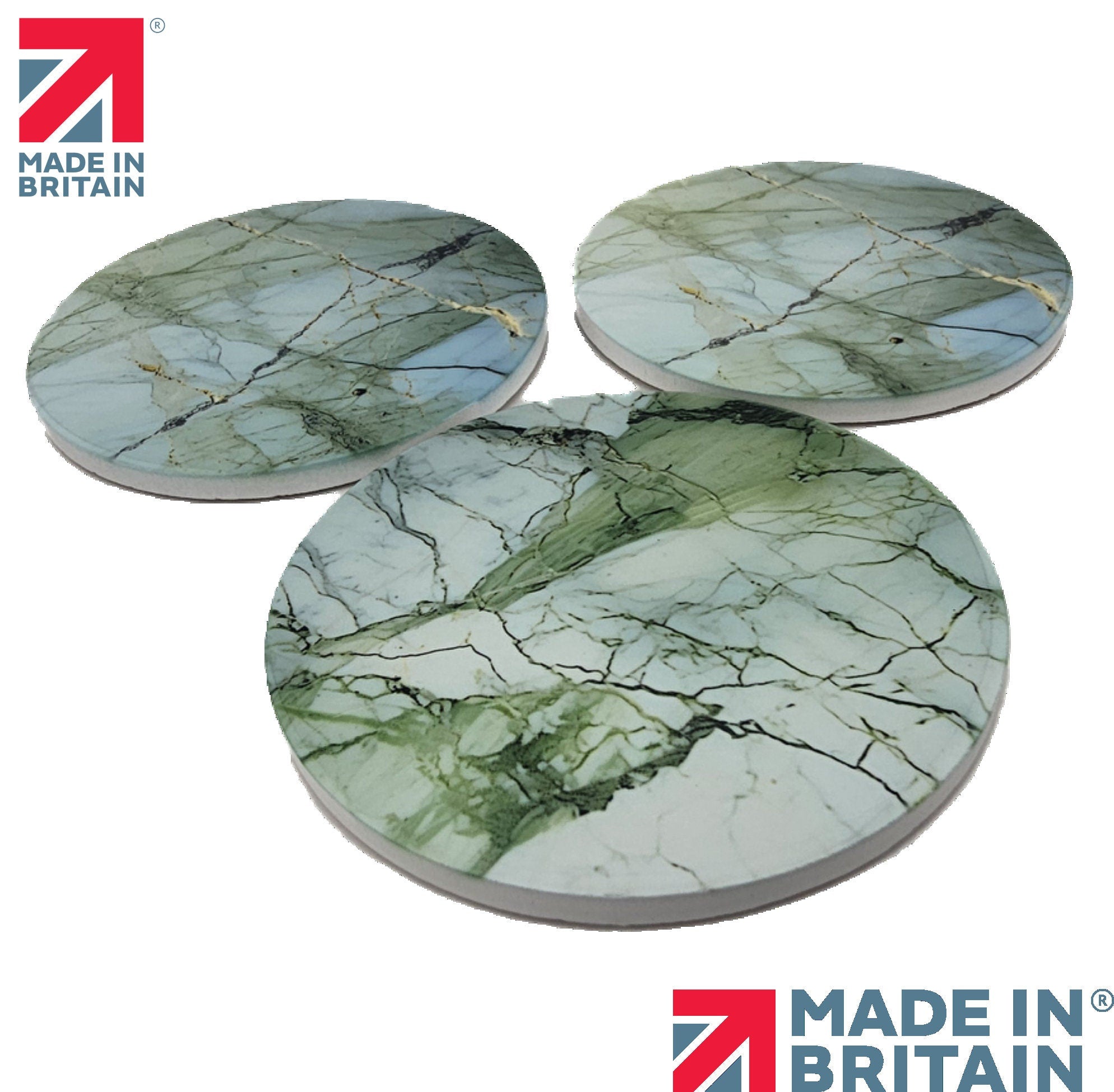 AI24026C Green Marble Effect Round Ceramic Coasters-  Set of 6, colourful, gift for all occasions, six unique designs.