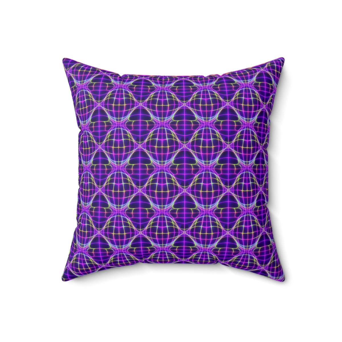 Neon Warp Grid Faux Suede Cushion – Op-Art Holographic-Look Pattern