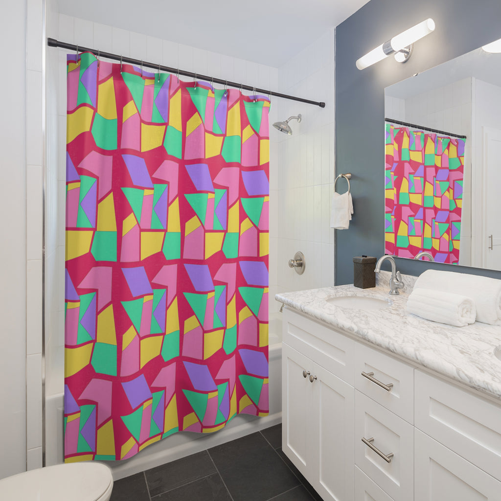 Cubist Block Quilt Shower Curtain – Candy Pop on Raspberry