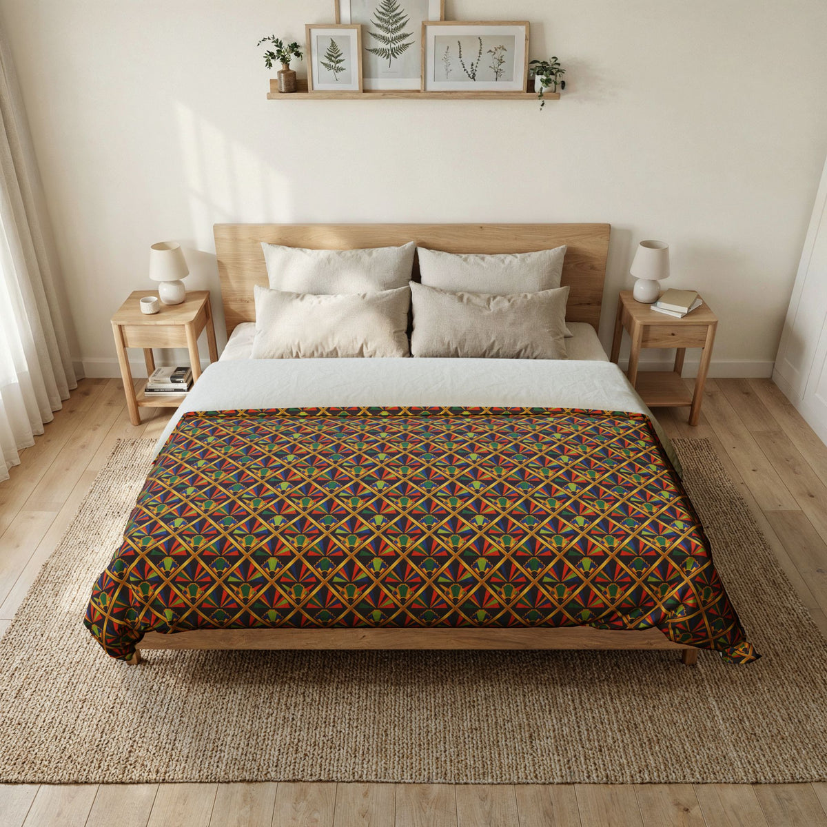Gilded Lattice Sunburst Cotton Duvet Cover – Art Deco Geometric Pattern